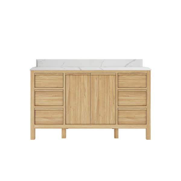 Willow Collections Elizabeth 60 in. W x 22 in. D x 36 in. H Single Sink Bath Vanity in Natural with Cove Edge Calacatta Quartz Top