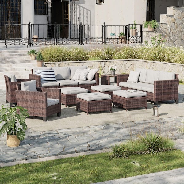 9-Piece Patio Sofa Set Brown Wicker Outdoor Furniture Set with Side Table, Linen Grey
