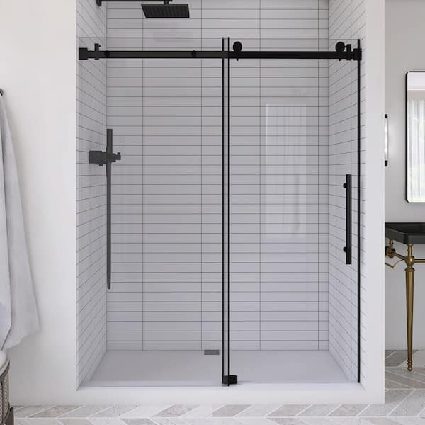 JimsMaison 60 in. W x 76 in. H Single Sliding Frameless Shower Door in Matte Black with Clear Tempered Glass