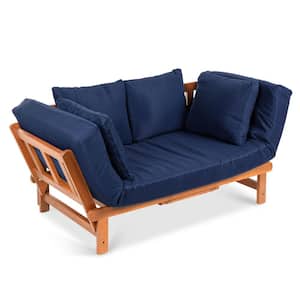 Acacia Wood Convertible Outdoor Couch with Navy Blue Cushions