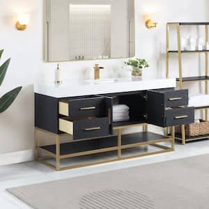 Bianco 60 in. W x 22 in. D x 34 in. H Double Sink Bath Vanity in Black Oak with White Composite Stone Top