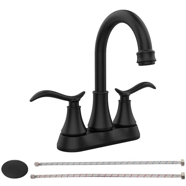 Abdera 4 in. Centerset Double Handle High Arc Swivel Spout Bathroom Faucet w/Pop-Up Drain and Supply Hose in Matte Black