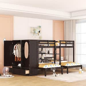 Full-over-Twin-Twin Bunk Bed with Shelves, Wardrobe and Mirror, Espresso