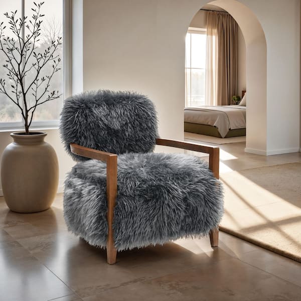 Ambi Modern Charcoal Gray Faux Fur Accent Chair With Cushioned Pocket Coil Seat