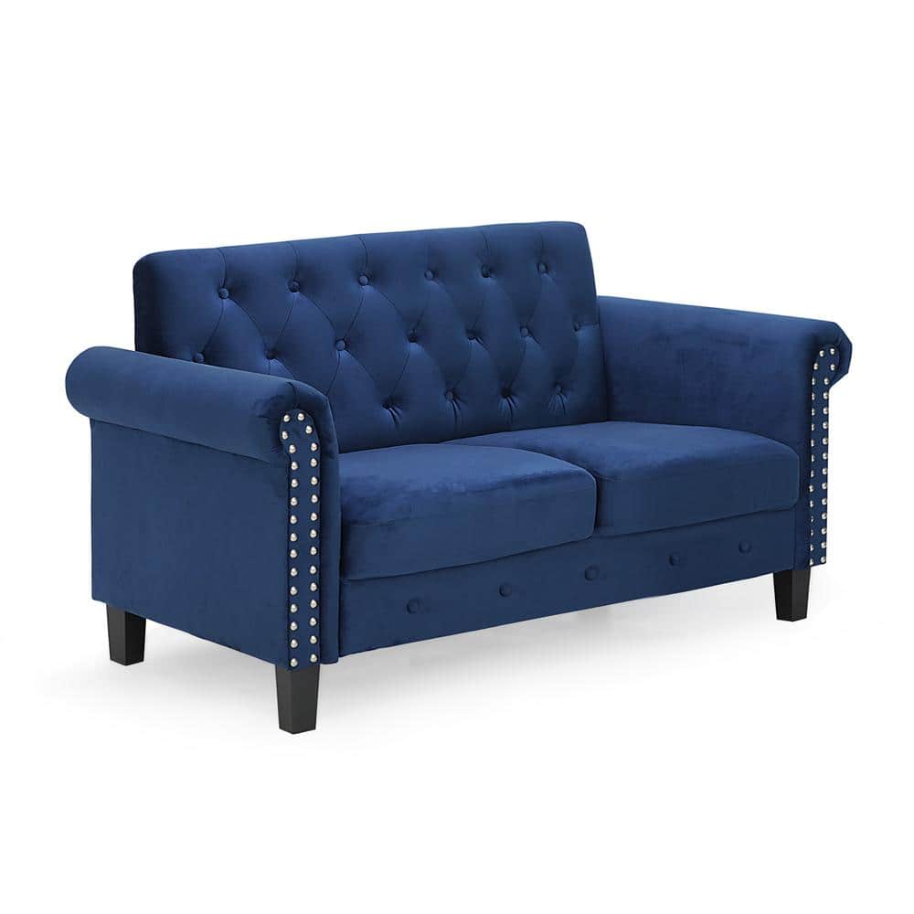 Navy Velvet Tufted Chesterfield Loveseat with Nailhead Trim