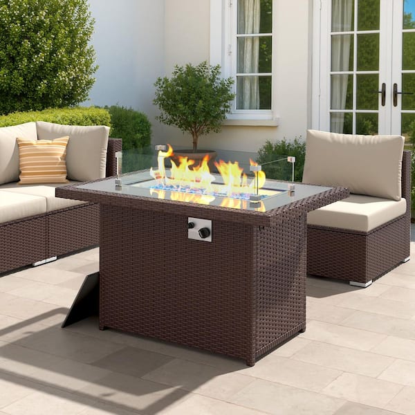 Unbranded Brown 43 in. Wicker Rectangular Outdoor Gas Fire Pit Table with 60000 BTU Propane Natural Gas,Glass Wind Guard and Cover