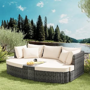 6-Piece Gray Wicker Outdoor Sectional Set with Beige Cushions and Pillows