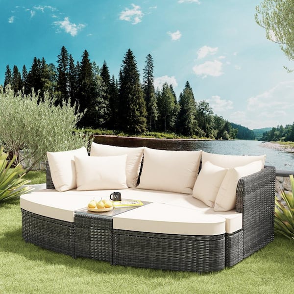 Harper & Bright Designs 6-Piece Gray Wicker Outdoor Sectional Set with Beige Cushions and Pillows