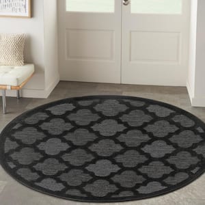 Easy Care Charcoal Black 4 ft. x 4 ft. Trellis Contemporary Round Area Rug