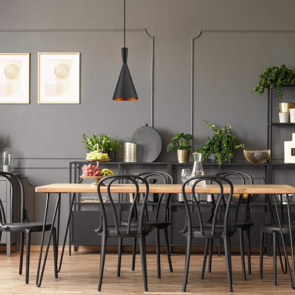 Matte Black and Gold Hourglass LED Pendant Light, 7.48"W x 63"H