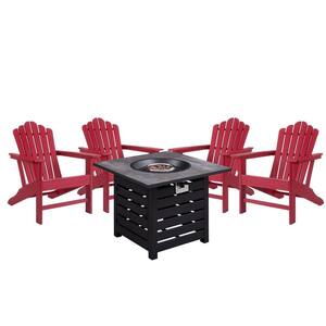 5-Piece Plastic Adirondack Outdoor Conversation Patio Fire Pit Set in Red