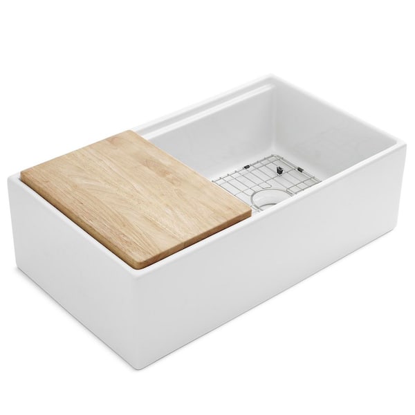 Austen 33 in. Farmhouse/Apron-Front Undermount Single Bowl Crisp White Fireclay Workstation Kitchen Sink and Drain