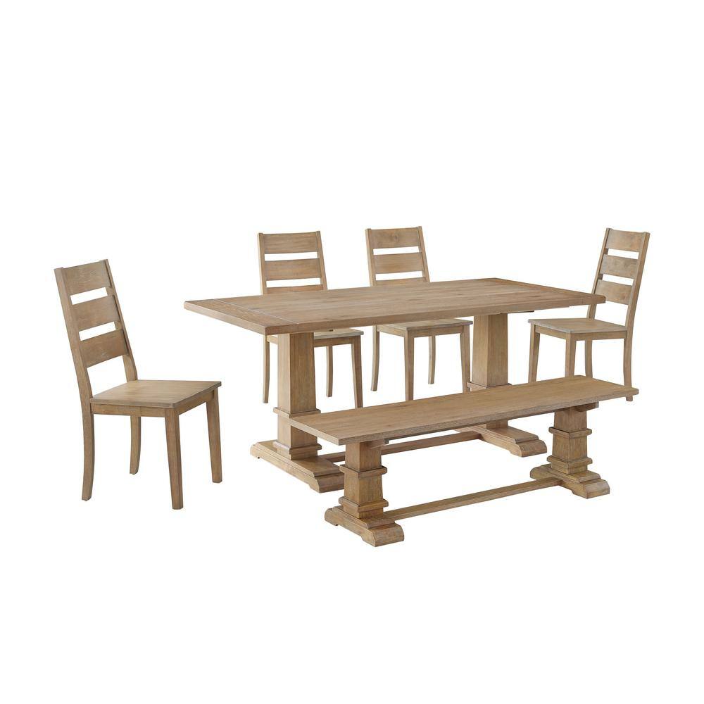 Rustic wooden dining set with table and four chairs on a white background.