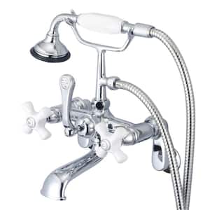 3-Handle Vintage Claw Foot Tub Faucet with Hand Shower and Porcelain Cross Handles in Triple Plated Chrome