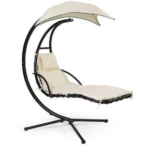 Metal Outdoor Patio Chaise Lounge Floating Swing Chair with Polyester Beige Cushions and Sun Canopy