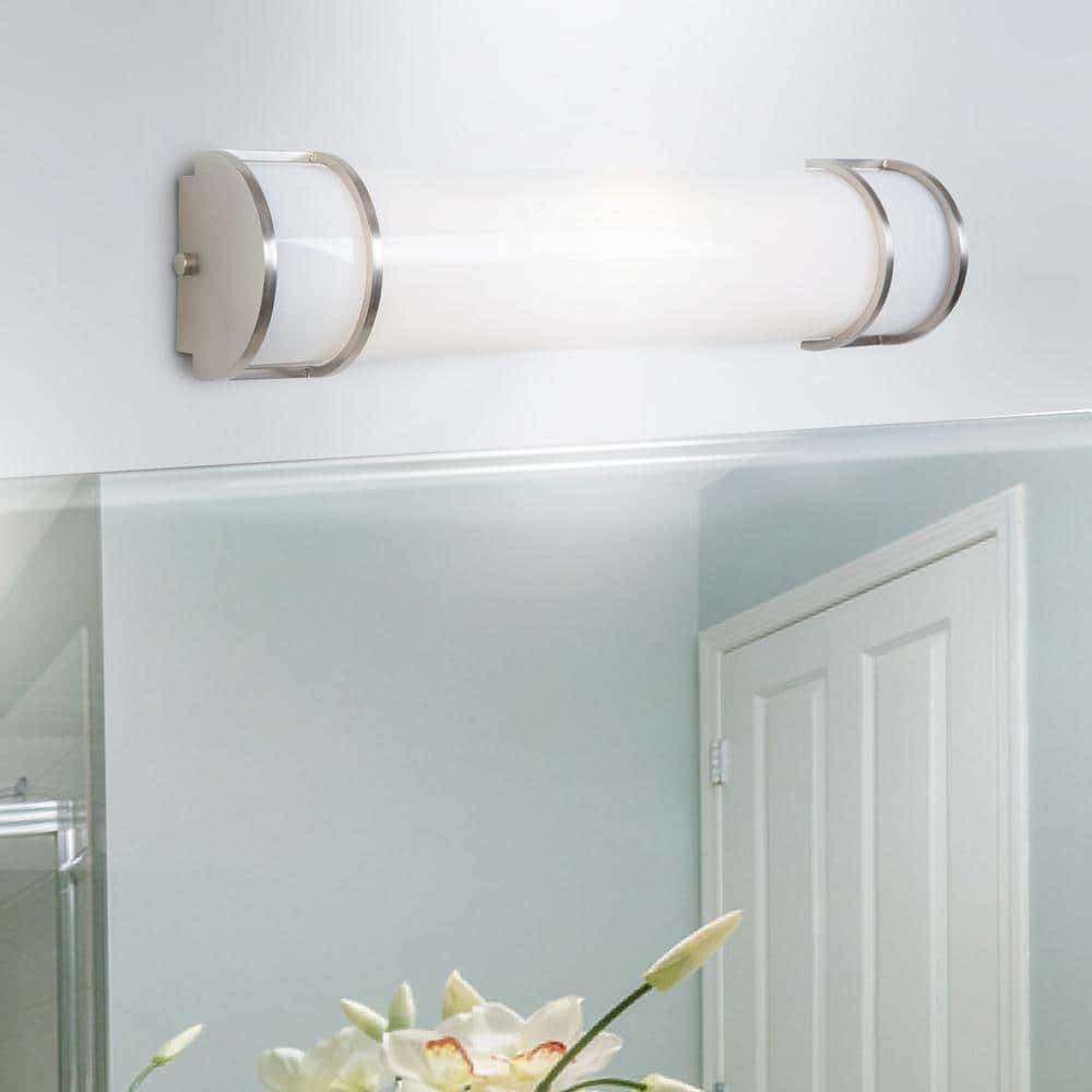 Sleek Satin Nickel 2-Light Fluorescent Vanity with White Glass Shade