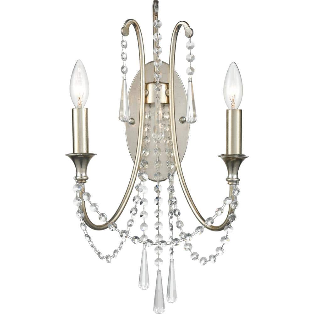 Elegant Antique Silver 2-Light Wall Sconce with Hand Cut Crystal