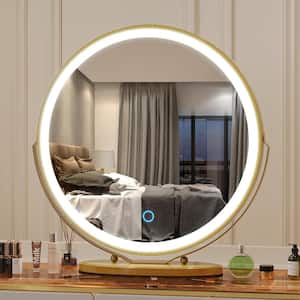 19 in. Round 3-Color-LED Touch Screen, Makeup Dimmable Lighted Mirror for Table in Gold Frame