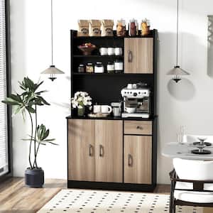 4-Door 71 in. Black Kitchen Buffet Pantry Storage Cabinet with Hutch Adjustable Shelf