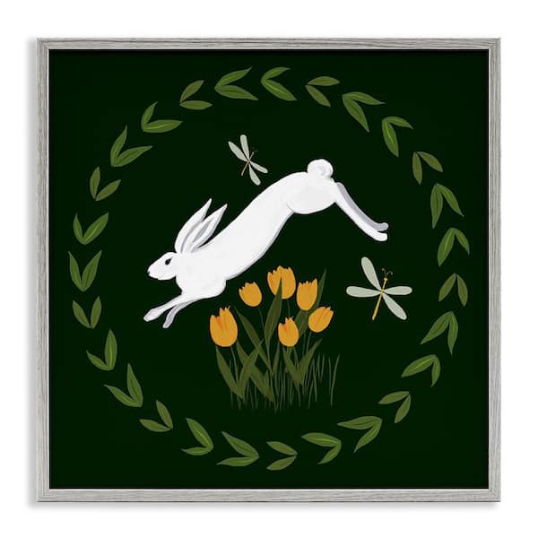 Stupell Industries Bunny Hopping in Wreath by Michelle Ingari Designs Gray Framed Animal Giclee Art Print 17 in. x 17 in.