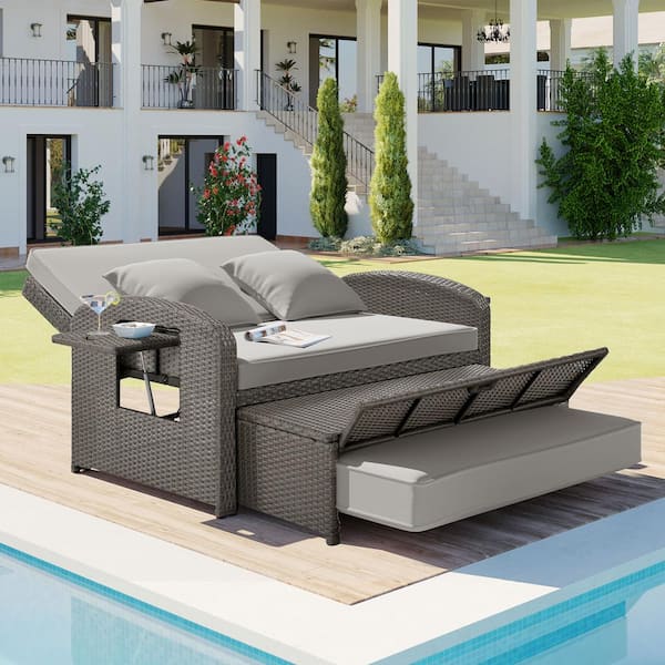 Boosicavelly 2-Person Wicker Rattan Outdoor Reclining DayBed with 3-Height Adjustable Back and Gray Cushions