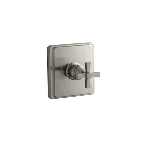 KOHLER Pinstripe 1-Handle Tub and Shower Faucet Trim Kit with Cross Handle in Vibrant Brushed Nickel (Valve Not Included)