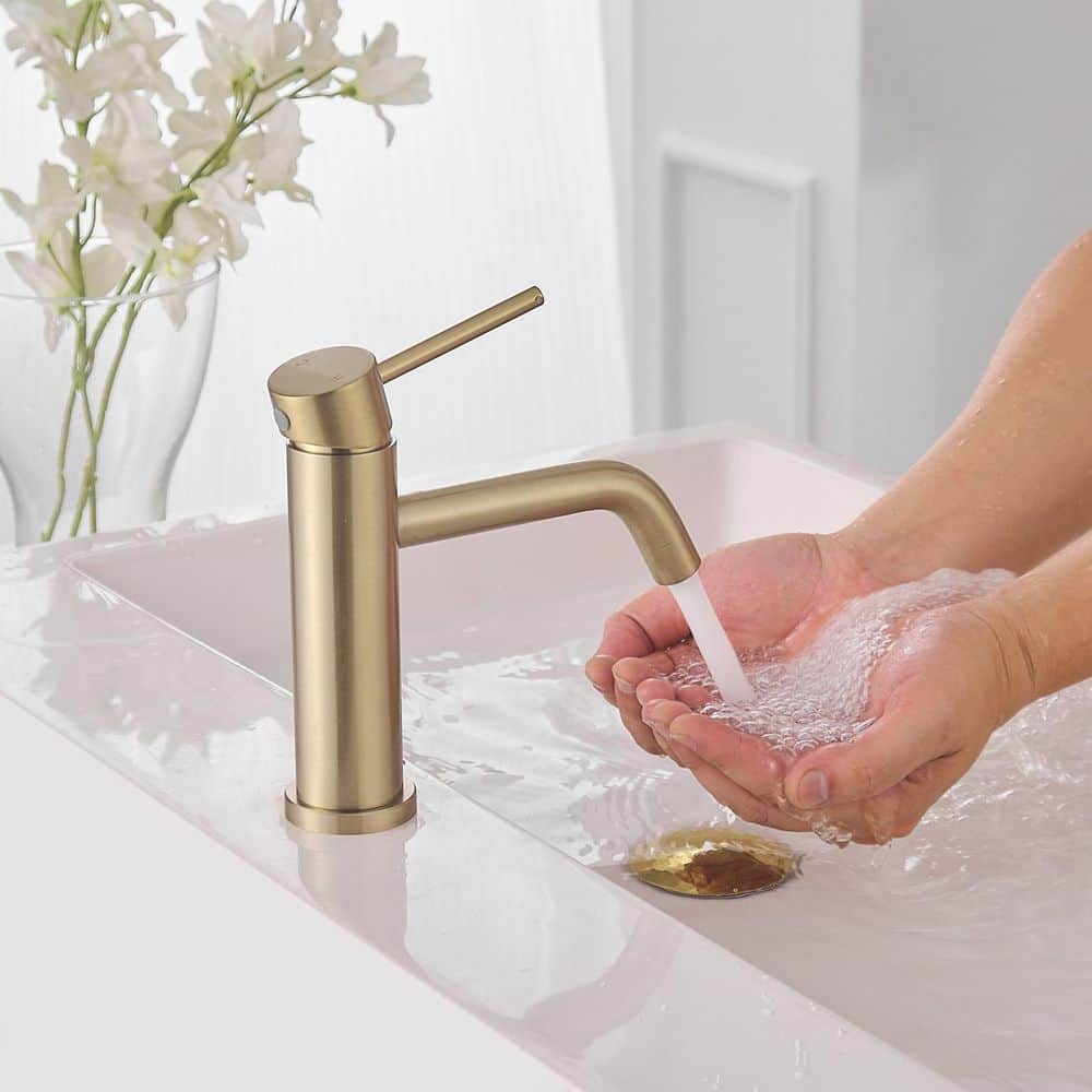 Brushed Gold Single Handle Low-Arc Bathroom Faucet with Drain