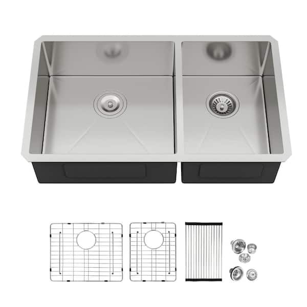 33 in. Undermount Sink Double Bowl 60/40 Brushed 16-Gauge Stainless Steel Kitchen Sink with Bottom Grids