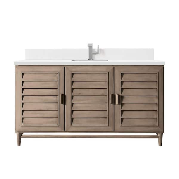 James Martin Vanities Portland 60.0 in. W x 23.5 in. D x 34.3 in. H Bathroom Vanity in Whitewashed Walnut with White Zeus Silestone Quartz Top