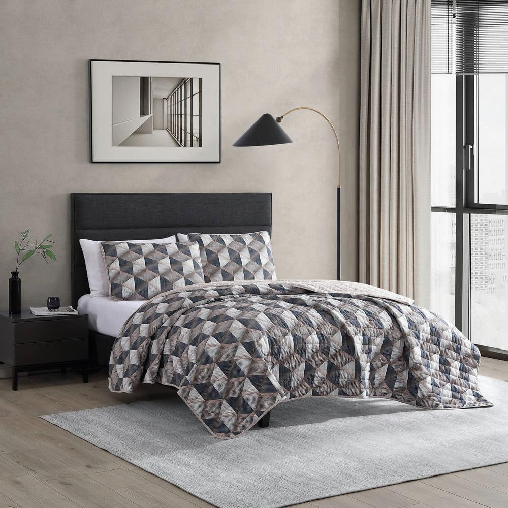 Geometric Gray and Brown Microfiber King Quilt Set