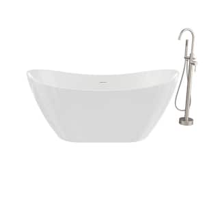 Mahaba 60 in. x 29 in. Soaking Flat Bottom Bathtub in White with Freestanding Faucet in Brushed Nickel