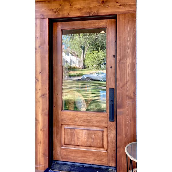 36 in. x 80 in. Farmhouse Knotty Alder Left-Hand/Inswing 3/4-Lite Clear Glass Red Chestnut Stain Wood Prehung Front Door