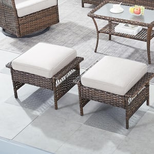 Brown Wicker Outdoor Ottoman with Beige Cushions (2-Pack)