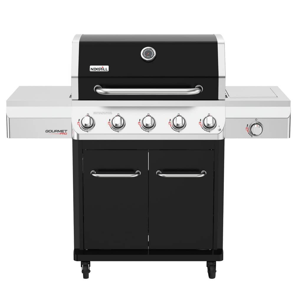 Gourmet Pro 5-Burner Propane Gas Grill with Side Burner and Griddle Max Insert in Graphite