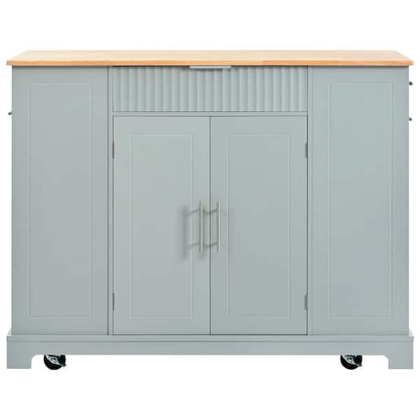 YANTENG LLC 48.5 in. W Gray Blue Fluted Kitchen Cart with Trash Cabinet, Power Outlet, Internal Rack, and 5-Wheel Design
