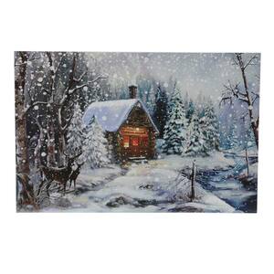 Winter Wonderland Log Cabin Lighted Unframed Home Canvas Art Print 15.63 in. x 23.62 in.