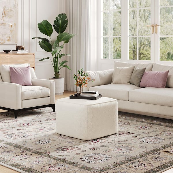 Yzabella White Boucle Fabric Upholstered Square Accent Ottoman