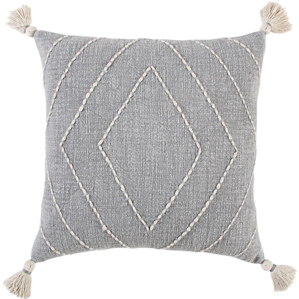 Unbranded Gray Geometric Kantha Stitchery Corner Tassels Knife Edged Cotton Poly Filled 18 in. x 18 in. Decorative Throw Pillow