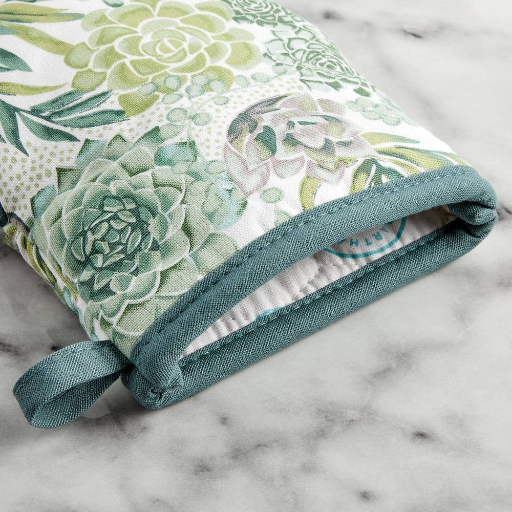 Green Succulent Print Cotton Silicone Oven Mitts, 2-Piece Set