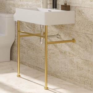 5.7 in. Ceramic Console Sink Basin in White and Gold Legs Combo with Overflow