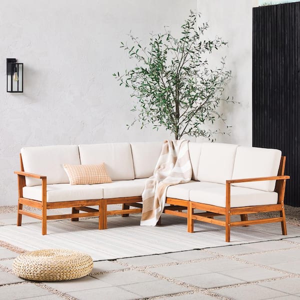 Walker Edison Furniture Company Modern Brown 5-Piece Acacia Wood Outdoor Corner Sectional with Ivory Cushions