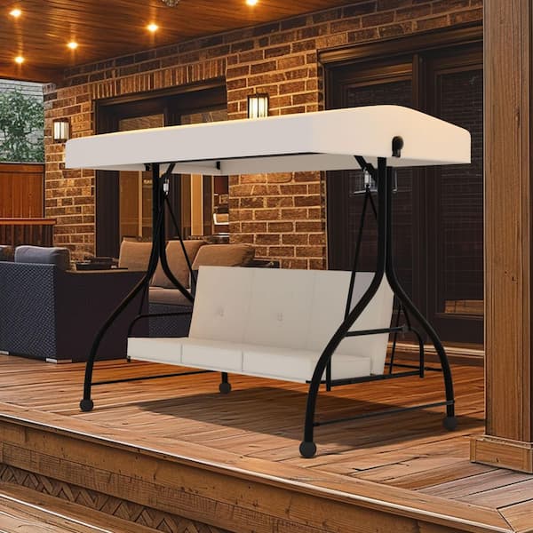 VEIKOUS 3-Seat Outdoor Metal Porch Swing with Upgraded Thickened Cushions and Adjustable Canopy, Cream White