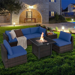 7-Piece Plastic Wicker Patio Conversation Set with Navy Cushion Fire Pit Table Cover Glass Top