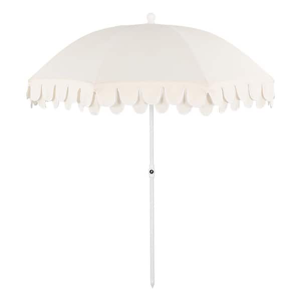 Horizon 6.5 ft. Classic MidCentury Scalloped Fringe Market Beach Umbrella in Cream/White, White Pole