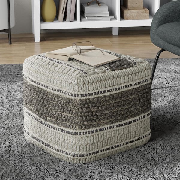 Simpli Home Grady Earth Tone Brown Handloom Woven Fabric Square Pouf