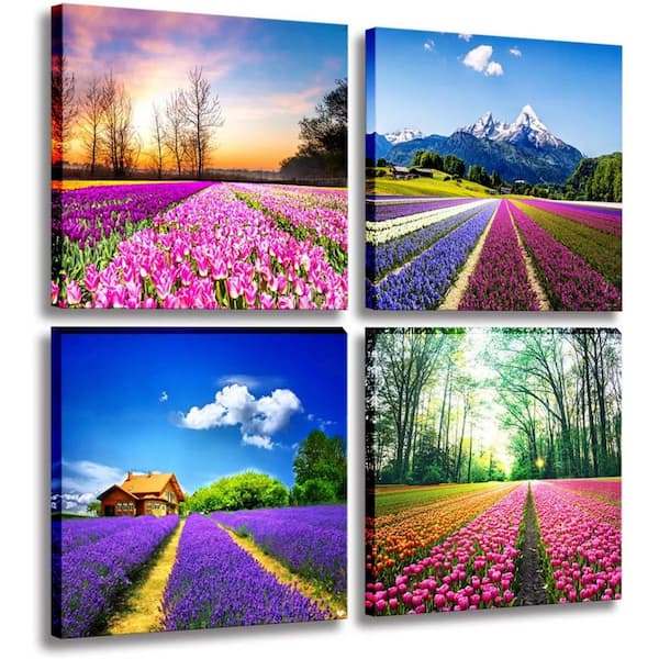 Purple fan canvas floral artwork landscape painting with frame for modern home decor     12x12 Inch x 4 Pieces