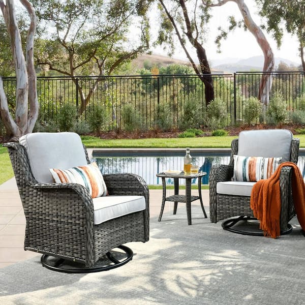 HOOOWOOO Oreille Grey 3-Piece Wicker Outdoor Patio Conversation Swivel Chair Set with a Side Table and Light Grey Cushions