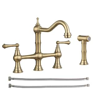 Antique Design Double Handle Bridge Kitchen Faucet with Side Sprayer in Brushed Gold