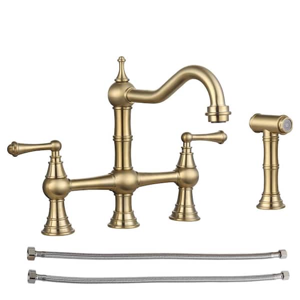 AVITAS Antique Design Double Handle Bridge Kitchen Faucet with Side Sprayer in Brushed Gold