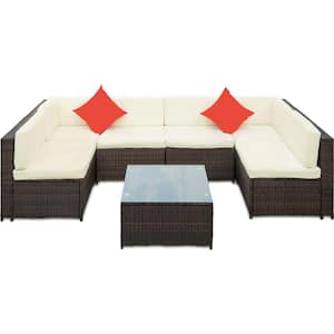 7-Piece PE Rattan Wicker Outdoor Sectional Set with Beige Cushions